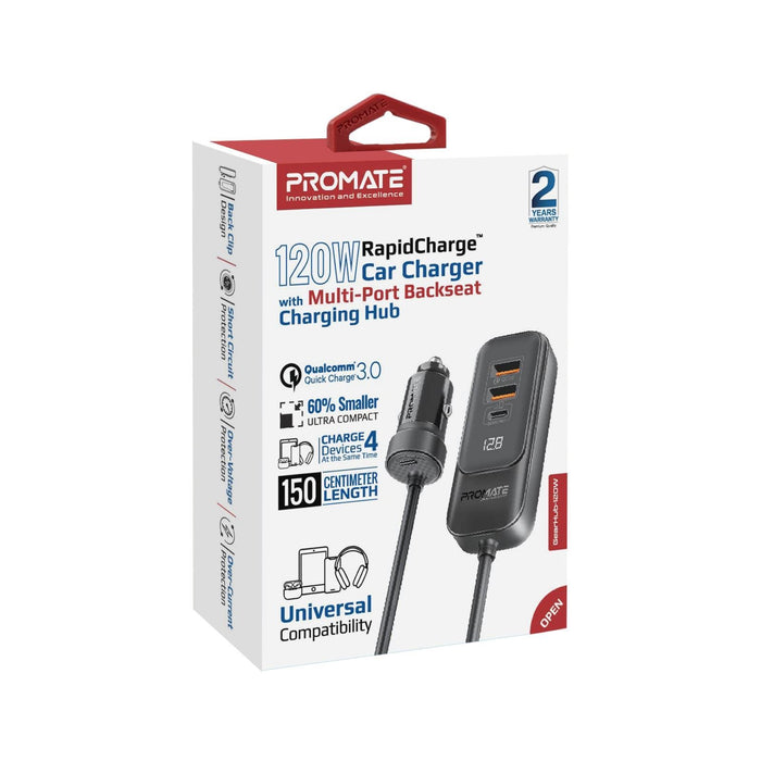 PROMATE 120W In-Car Device Charger with Backseat 3 Port Charging Hub. Includes 2
