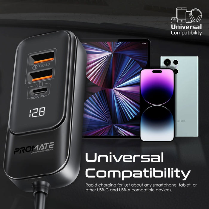 PROMATE 120W In-Car Device Charger with Backseat 3 Port Charging Hub. Includes 2