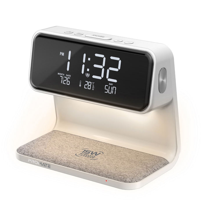 PROMATE 3-in-1 Multi-Function LED Alarm CLock with 15W Wireless Charger. 10.7lm