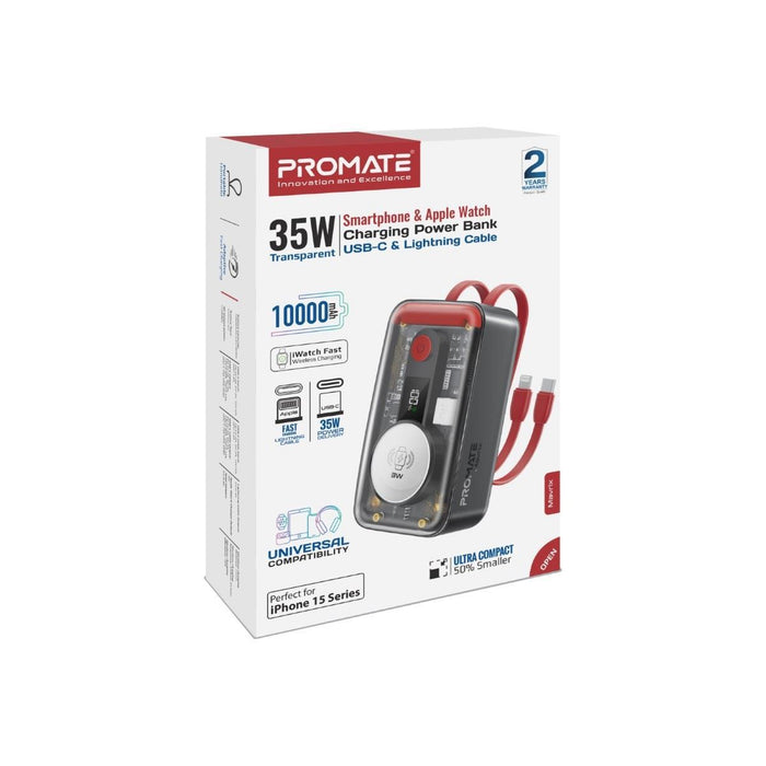 PROMATE 10000mAh 4-in-1 Smartphone & Apple Watch Charging Power Bank with USB-C