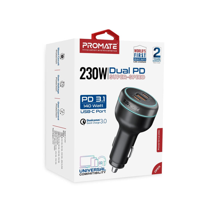 PROMATE 230W RapidCharge Car Charger with Dual PD & QC Ports. 140W & 45W PD for