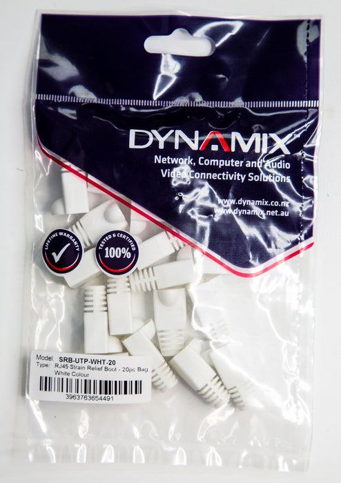 DYNAMIX WHITE RJ45 Strain Relief Boot (6.0mm Outside Diameter). 20pk bag.