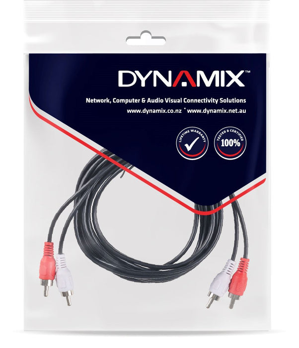 DYNAMIX 2m RCA Audio Cable 2 RCA to 2 RCA Plugs, 30AWG, Coloured Red & White.