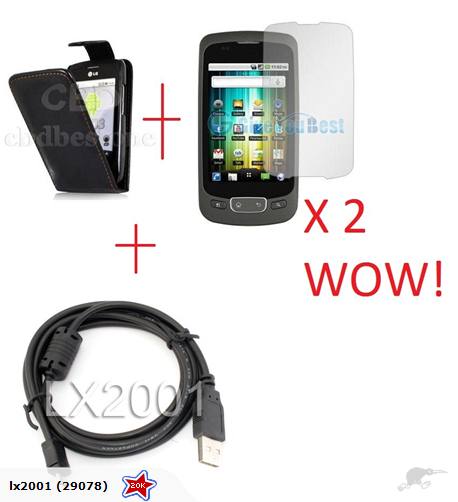 LG P500 Leather Case + Screen Protector + PC Cable