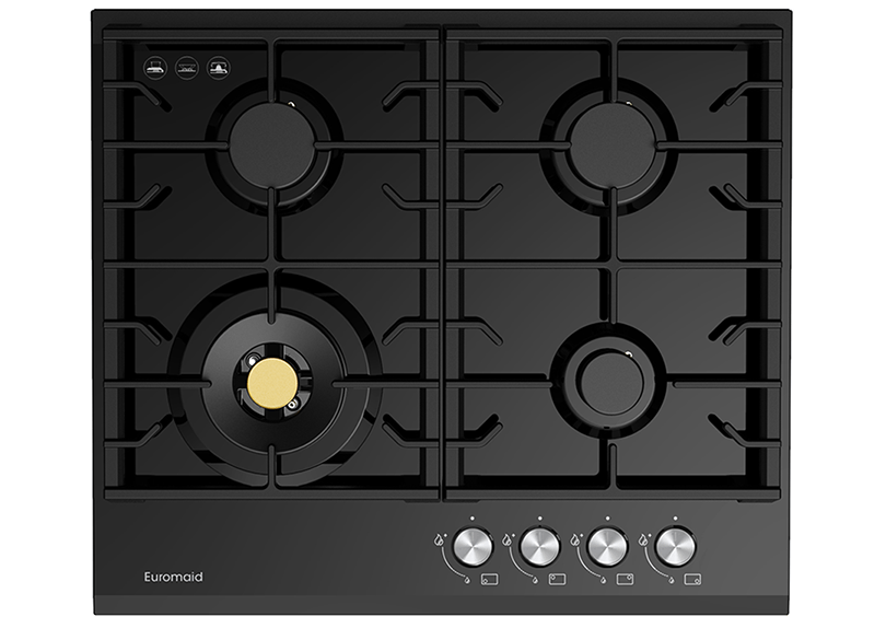 Euromaid 60cm Gas WOK Cooktop with 4 Burners, Black Glass  EC64GB