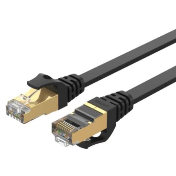Unitek 20m CAT7 Black Flat SSTP 32AWG Patch Lead in PVC Jacket 500MHz Gold-plated Contacts