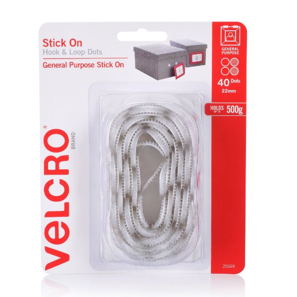 VELCRO 22mm Stick On Hook & Loop Dots. Pack of 40 General Purpose Simple &