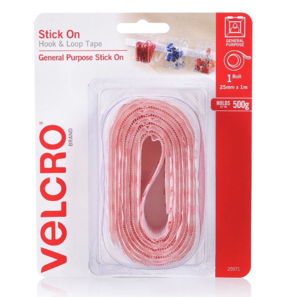 VELCRO 25mm x 1m Stick On Hook & Loop Tape. Designed for General Purpose