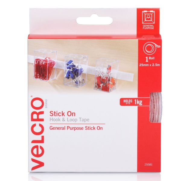 VELCRO 25mm x 2.5m Stick on Hook & Loop Roll/Tape. Hanging & Attaching Items