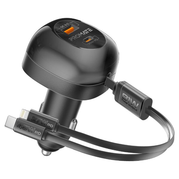 Promate 81W Multi-Port In-Car Phone Charger with Retractable USB-C Lightning Cables. Supports 45W
