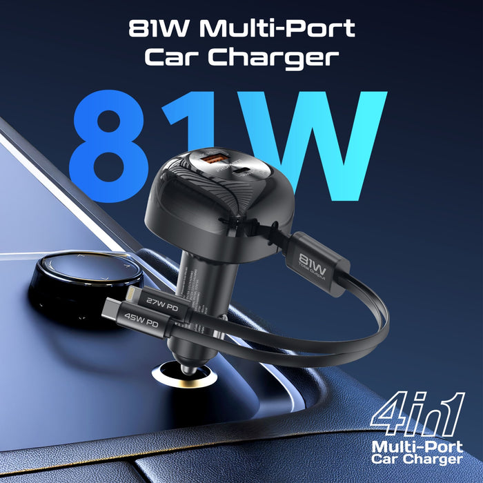 Promate 81W Multi-Port In-Car Phone Charger with Retractable USB-C Lightning Cables. Supports 45W