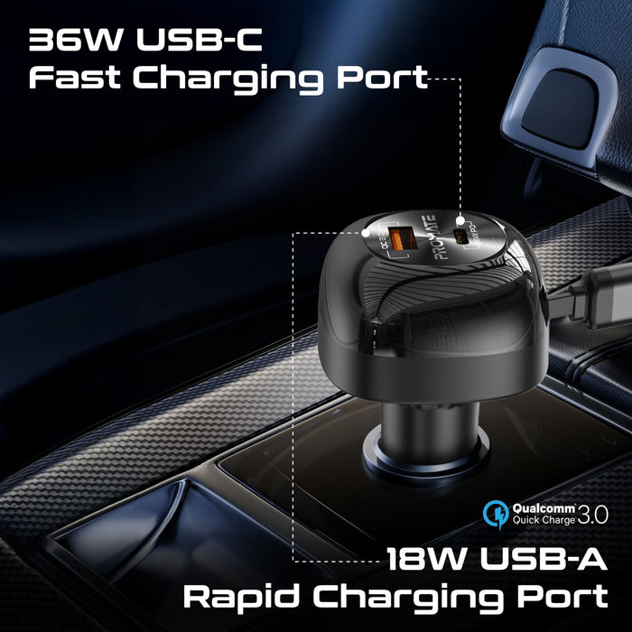 Promate 81W Multi-Port In-Car Phone Charger with Retractable USB-C Lightning Cables. Supports 45W