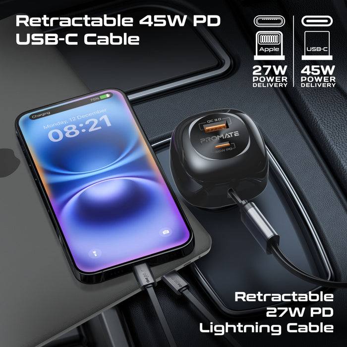 Promate 81W Multi-Port In-Car Phone Charger with Retractable USB-C Lightning Cables. Supports 45W