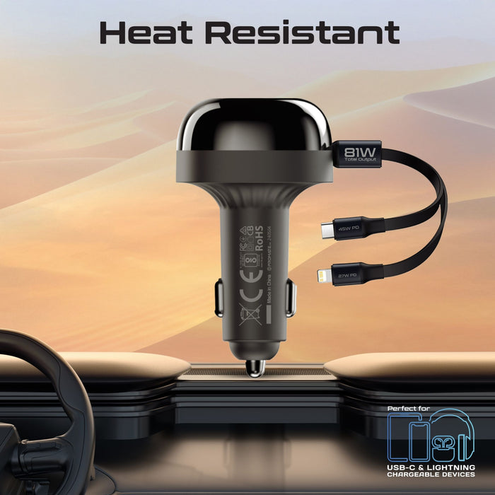 Promate 81W Multi-Port In-Car Phone Charger with Retractable USB-C Lightning Cables. Supports 45W