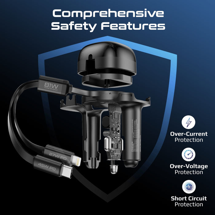 Promate 81W Multi-Port In-Car Phone Charger with Retractable USB-C Lightning Cables. Supports 45W