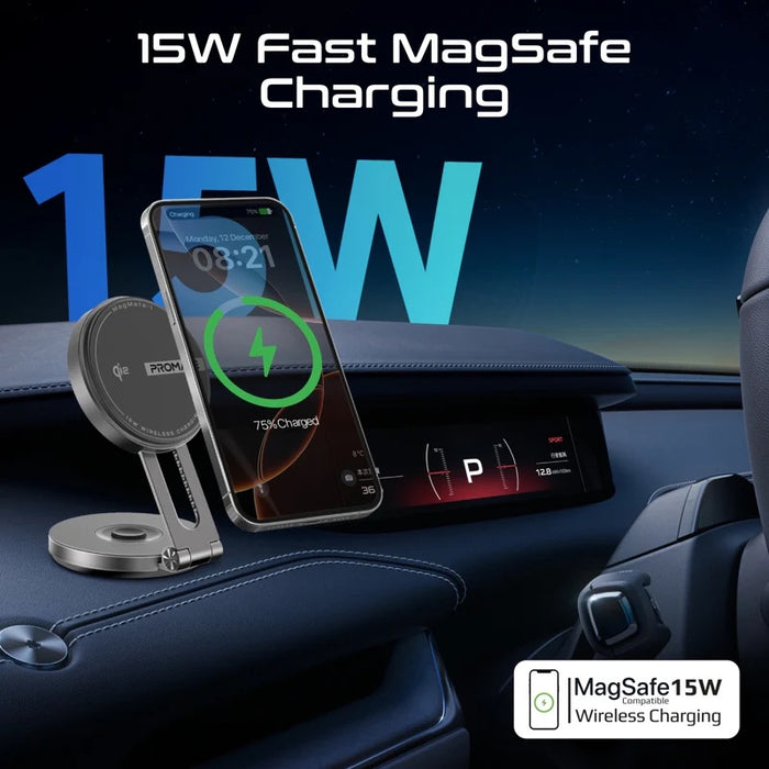 Promate 15W Qi2 Extending Magnetic Wireless Charging Mount. 360 Rotatable Extend & Fold