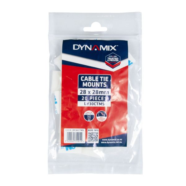 DYNAMIX 28 x 28mm Self Adhesive Natural Cable Ties Mount Pack of 20