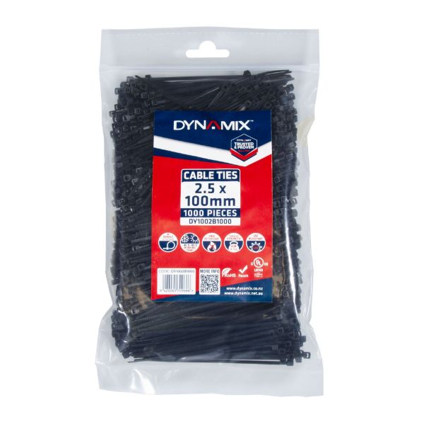 DYNAMIX 2.5 x 100mm UV Black Cable Ties Pack of 1000 80N/8.1kgs Tensile Strenght
