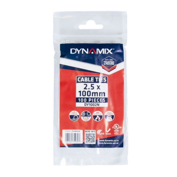 DYNAMIX 2.5 x 100mm Natural Cable Ties Pack of 100 80N/8.1kgs Tensile Strength