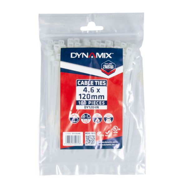 DYNAMIX 4.6 x 120mm Natural Cable Ties Pack of 100 230N/23.4kgs Tensile Strength