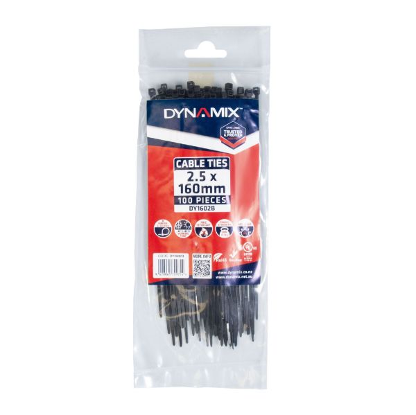 DYNAMIX 2.5 x 160mm UV Black Cable Ties Pack of 100 80N/8.1kgs Tensile Strenght