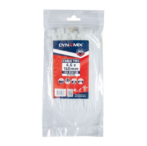 DYNAMIX 4.6 x 160mm Natural Cable Ties Pack of 100 230N/23.4kgs Tensile Strength