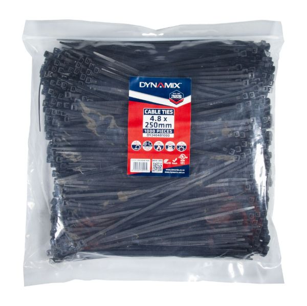 DYNAMIX 4.8 x 250mm UV Black Cable Ties Pack of 1000 230N/23.4kgs Tensile Strenght