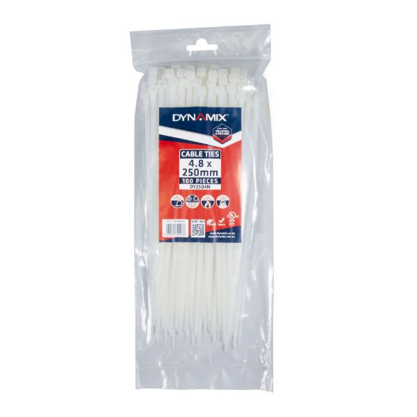DYNAMIX 4.8 x 250mm Natural Cable Ties Pack of 100 230N/23.4kgs Tensile Strenght