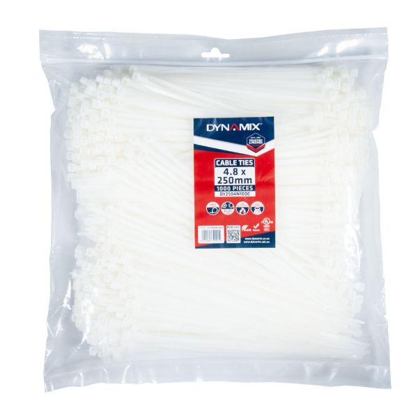 DYNAMIX 4.8 x 250mm Natural Cable Ties Pack of 1000 230N/23.4kgs Tensile Strenght