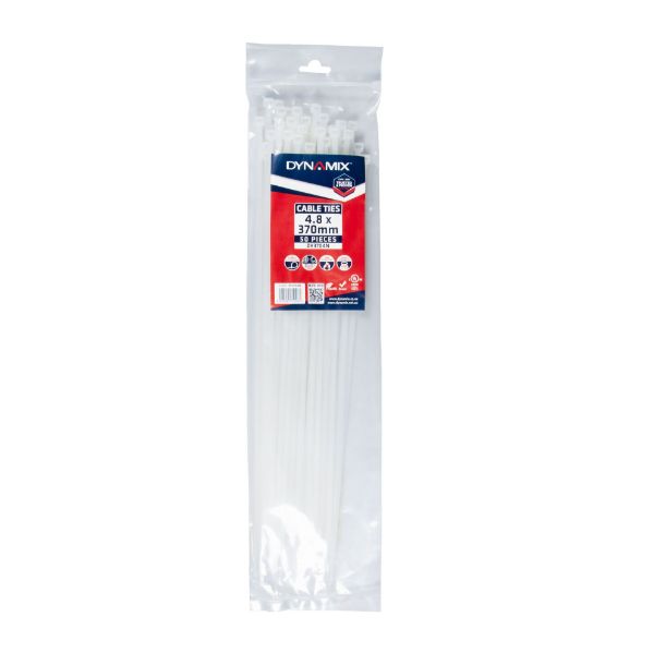 DYNAMIX 4.8 x 370mm Natural Cable Ties Pack of 50 230N/23.4kgs Tensile Strength