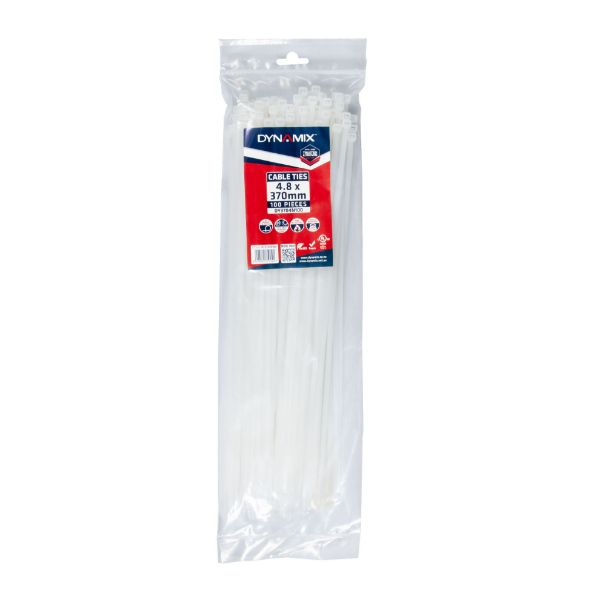 DYNAMIX 4.8 x 370mm Natural Cable Ties Pack of 100 230N/23.4kgs Tensile Strength
