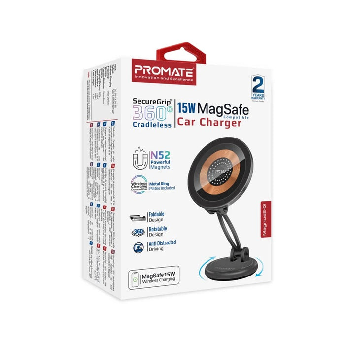 Promate SecureGrip 360 Cradleless 15W Qi Magnetic Wireless in-Ca Phone Charger & Holder. Design