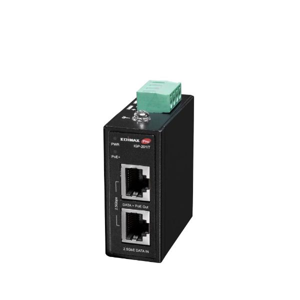 EDIMAX Industrial 2.5 Gigabit PoE+ 30W Power Injector. Supports IEEE 802.3at, Provides Power & Data, DIN-rail or Wall-mount, Operating Temp Range: -40 to 75C.