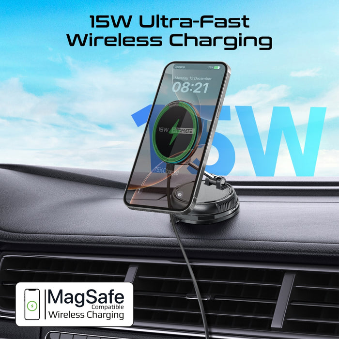 Promate SecureGrip 360 Cradleless 15W MagSafe Compatible SmartPhone Charger Mount