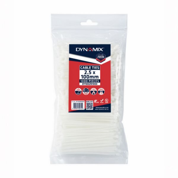 DYNAMIX 2.5 x 100mm Natural Cable Ties Pack of 1000 80N/8.1kgs Tensile Strength
