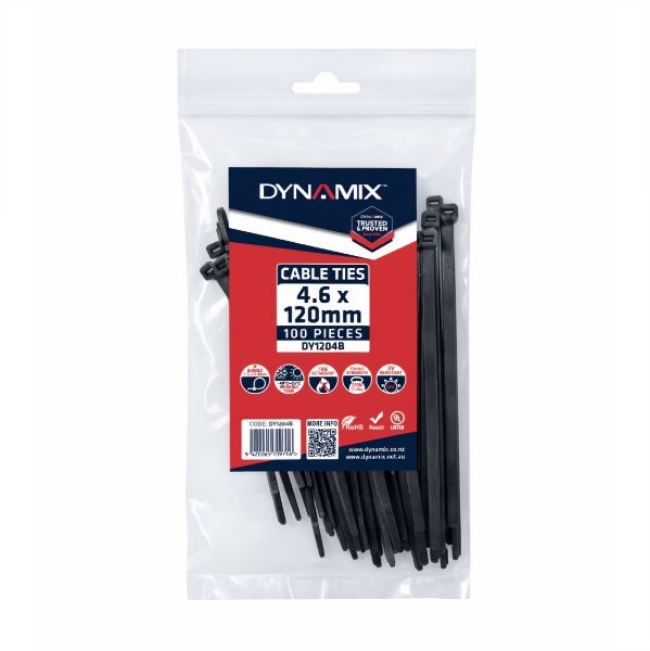 DYNAMIX 4.6 x 120mm UV Black Cable Ties Pack of 100 230N/23.4kgs Tensile Strenght