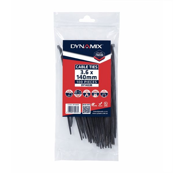 DYNAMIX 3.6 x 140mm UV Black Cable Ties Pack of 100 180N/18.3kgs Tensile Strenght