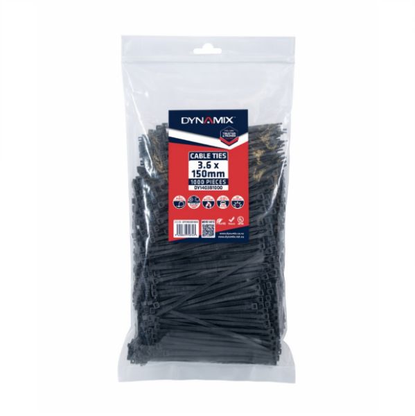 DYNAMIX 3.6 x 150mm UV Black Cable Ties Pack of 1000 180N/18.3kgs Tensile Strength