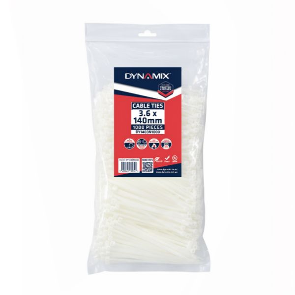 DYNAMIX 3.6 x 140mm Natural Cable Ties Pack of 1000 180N/18.3kgs Tensile Strength