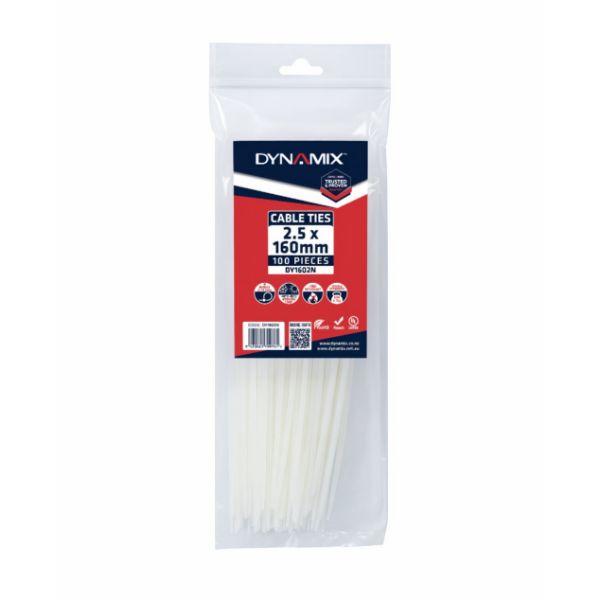DYNAMIX 2.5 x 160mm Natural Cable Ties Pack of 100 80N/8.1kgs Tensile Strength