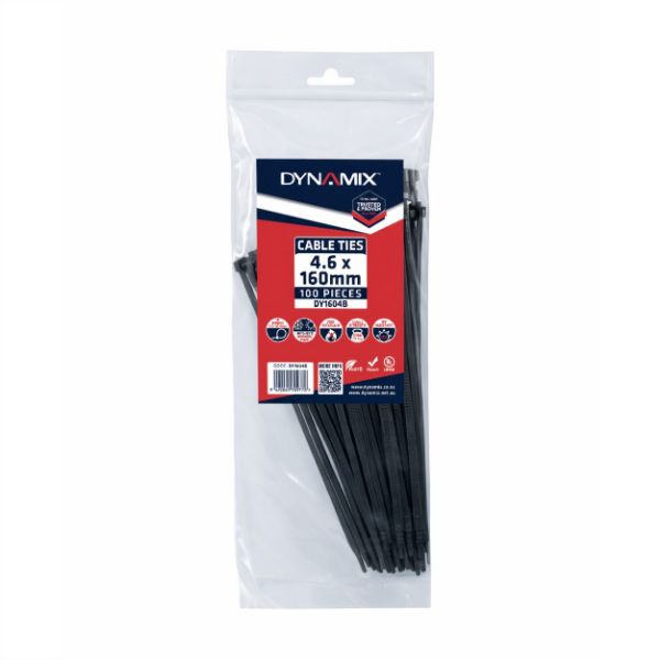 DYNAMIX 4.6 x 160mm UV Black Cable Ties Pack of 100 230N/23.4kgs Tensile Strenght