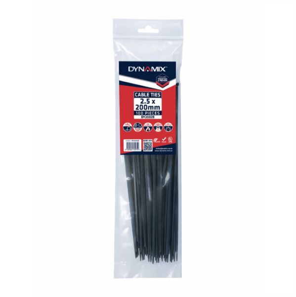 DYNAMIX 2.5 x 200mm UV Black Cable Ties Pack of 100 80N/8.1kgs Tensile Strenght