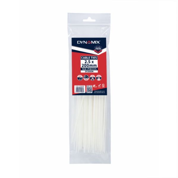 DYNAMIX 2.5 x 200mm Natural Cable Ties Pack of 100 80N/8.1kgs Tensile Strength