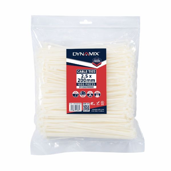 DYNAMIX 2.5 x 200mm Natural Cable Ties Pack of 1000 80N/8.1kgs Tensile Strength