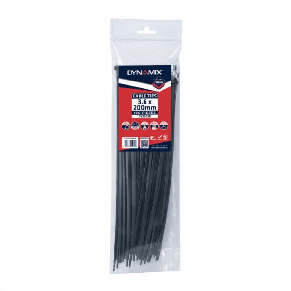 DYNAMIX 3.6 x 200mm UV Black Cable Ties Pack of 100 180N/18.3kgs Tensile Strenght