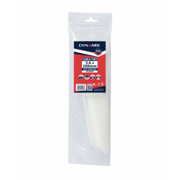 DYNAMIX 3.6 x 200mm Natural Cable Ties Pack of 100 180N/18.3kgs Tensile Strength