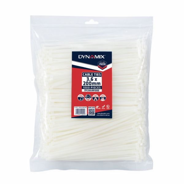 DYNAMIX 3.6 x 200mm Natural Cable Ties Pack of 1000 180N/18.3kgs Tensile Strength