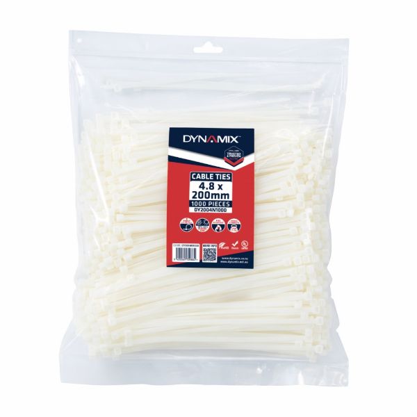 DYNAMIX 4.8 x 200mm Natural Cable Ties Pack of 1000 230N/23.4kgs Tensile Strength