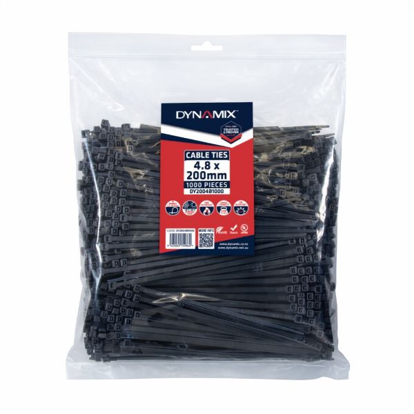 DYNAMIX 4.8 x 200mm UV Black Cable Ties Pack of 1000 230N/23.4kgs Tensile Strenght