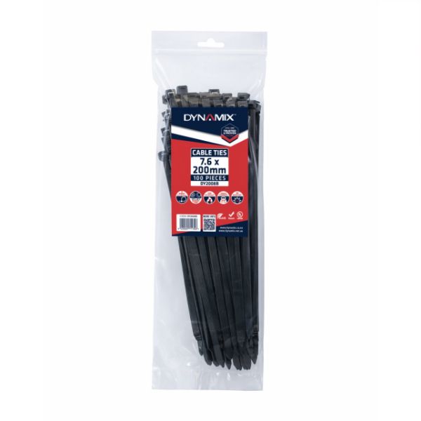 DYNAMIX 7.6 x 200mm UV Black Cable Ties Pack of 100 540N/55.1kgs Tensile Strength